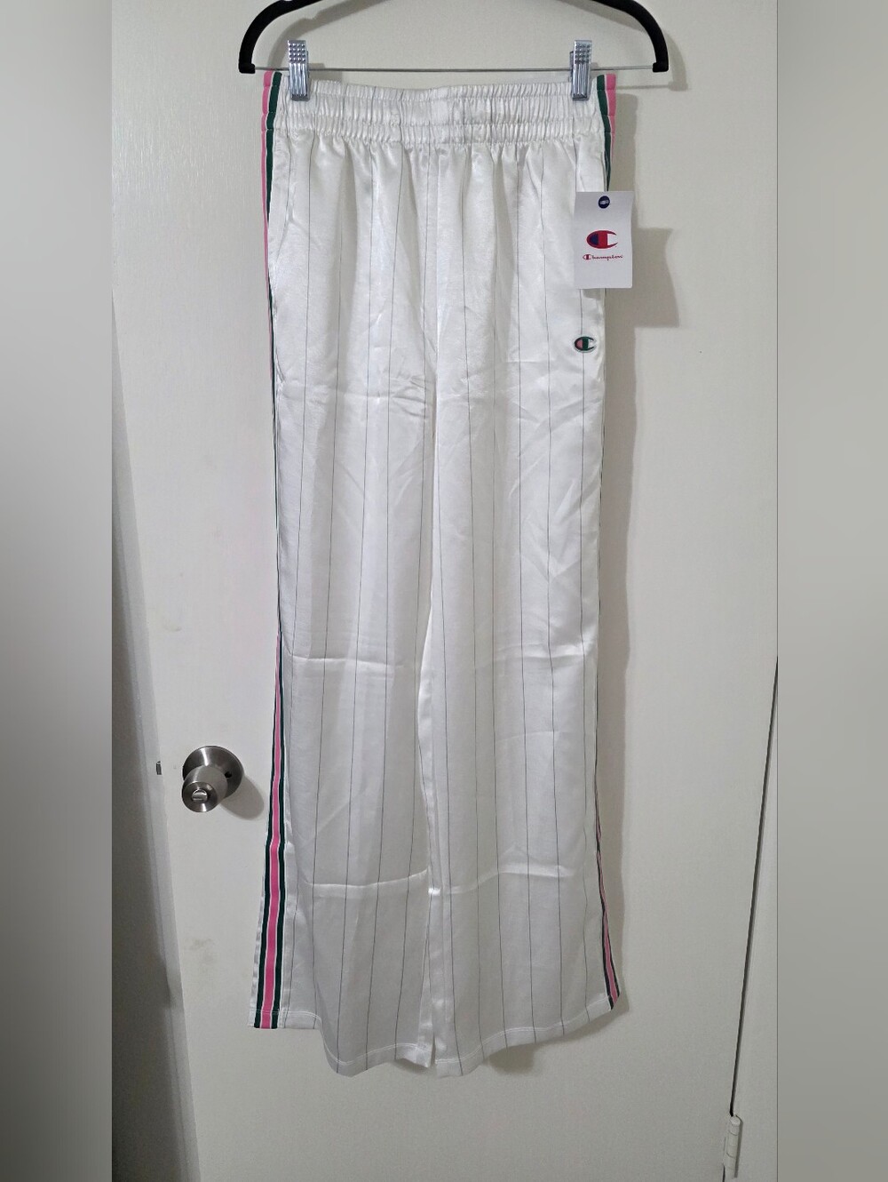 Champion Women's White Pinstripe Track Pants with Side Stripe-Small